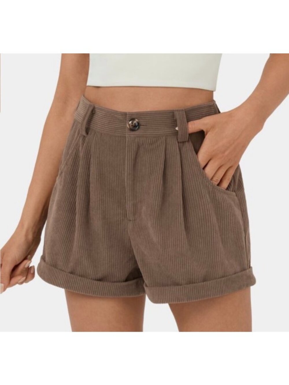 Halara Womens  SZ M Brown Corduroy High-Waisted Shorts With Pockets Button Closu
